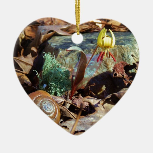Yellow and Plum Trout Lily and Snail Shell Ceramic Ornament (Front)