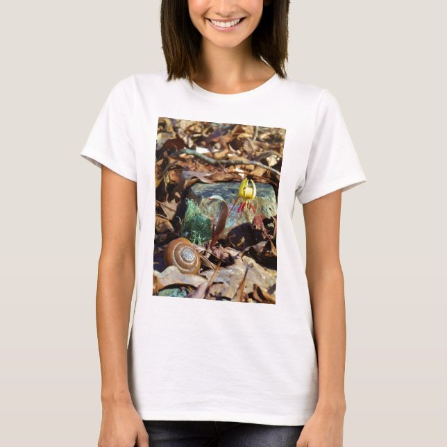 Yellow and Plum Trout Lily and Snail Shell T-Shirt (Front)