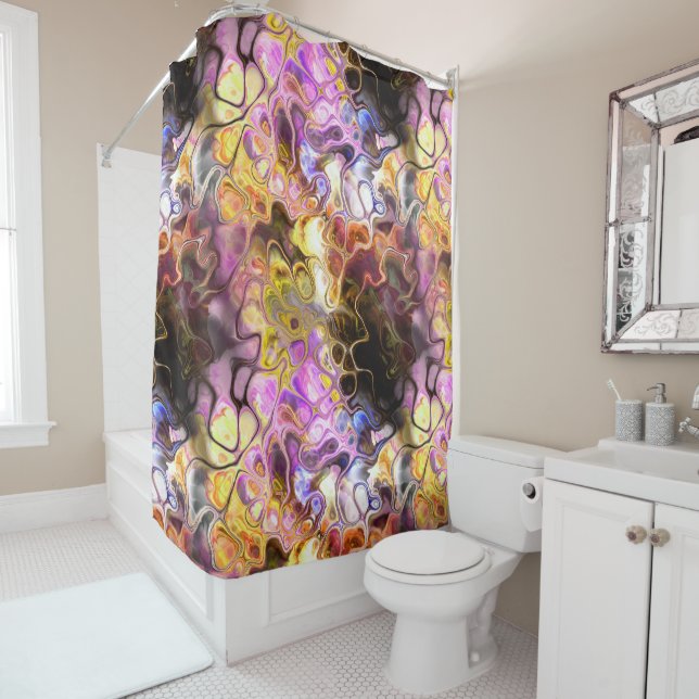 Yellow and purple abstract marble tie-dye shower curtain (In Situ)