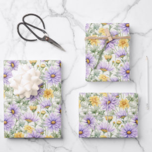 Yellow and Purple Daisy-like Flowers Print Wrapping Paper Sheet