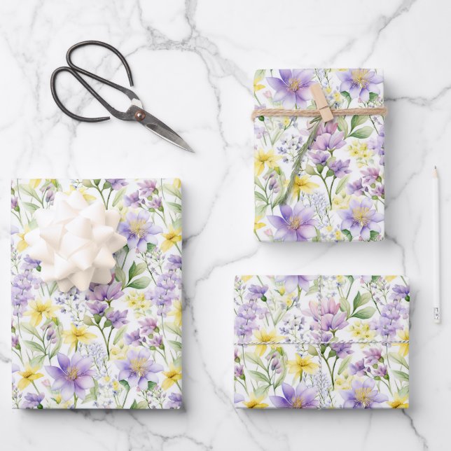 Yellow and Purple Flowers Botanical Print Wrapping Paper Sheet (Front)