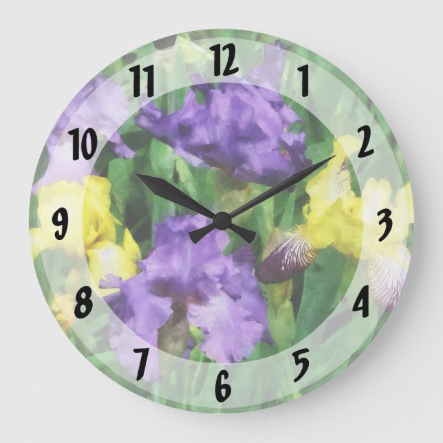 Yellow and Purple Irises Large Clock (Front)