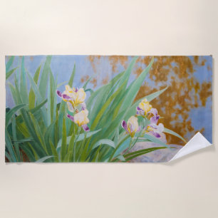 Yellow and Purple Irises with Golden Light Beach Towel