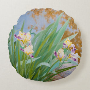 Yellow and Purple Irises with Golden Light Round Cushion