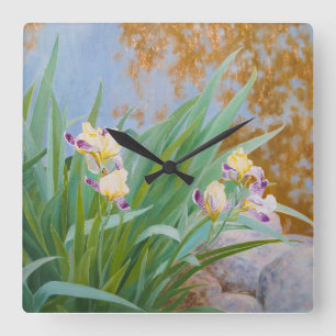 Yellow and Purple Irises with Golden Light Square Wall Clock