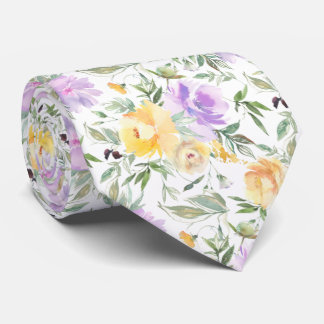 Yellow and Purple Lavender Watercolor Roses Floral Tie