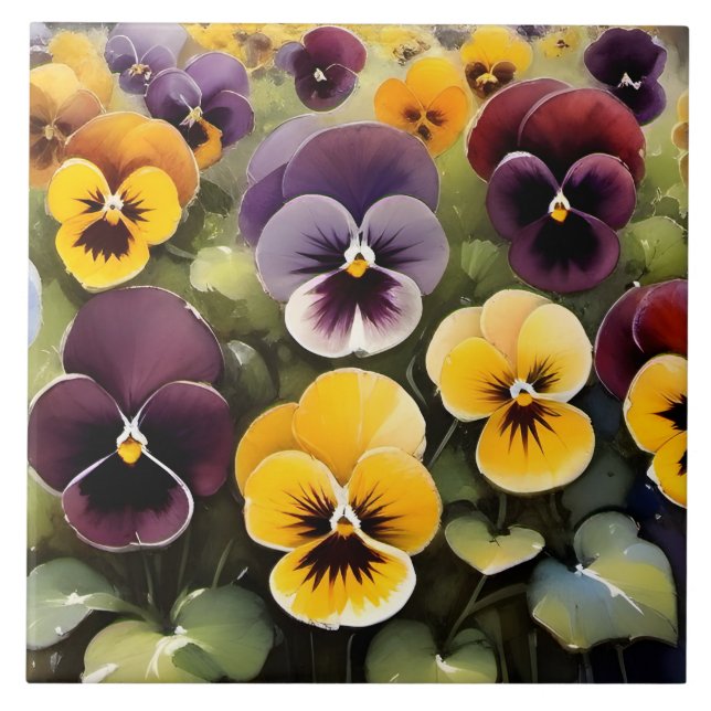 Yellow and purple pansies watercolor painting ceramic tile (Front)