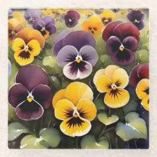 Yellow and purple pansies watercolor painting glass coaster