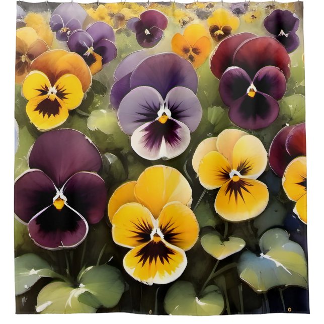 Yellow and purple pansies watercolor painting shower curtain (Front)