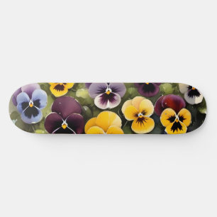 Yellow and purple pansies watercolor painting skateboard