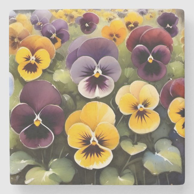 Yellow and purple pansies watercolor painting stone coaster (Front)
