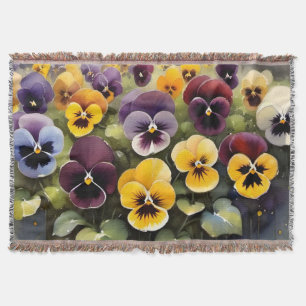 Yellow and purple pansies watercolor painting throw blanket