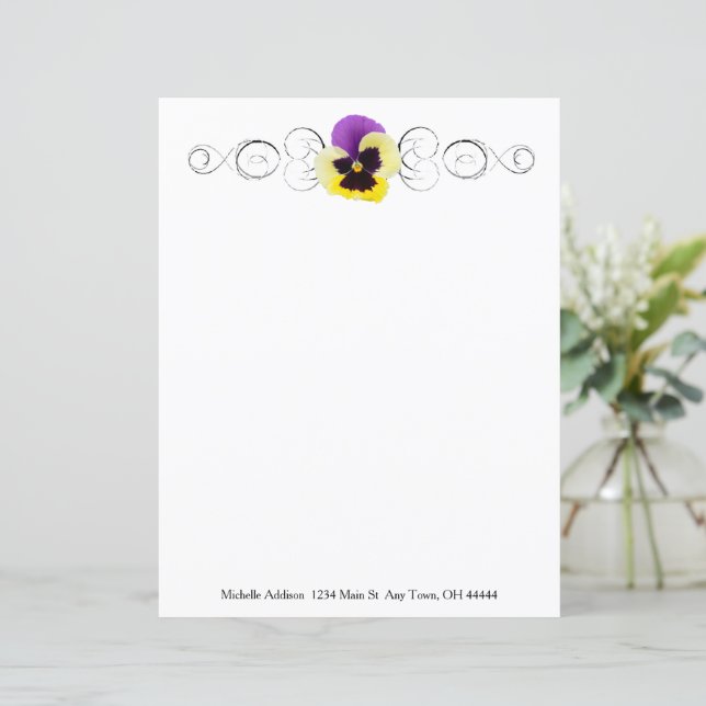 Yellow and Purple Pansy Personalised Paper Sheet (Standing Front)