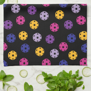 💛Yellow and 💜purple pickleballs on black Tea Towel