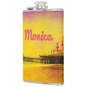 Yellow and Purple Santa Monica Pier Your Name Hip Flask