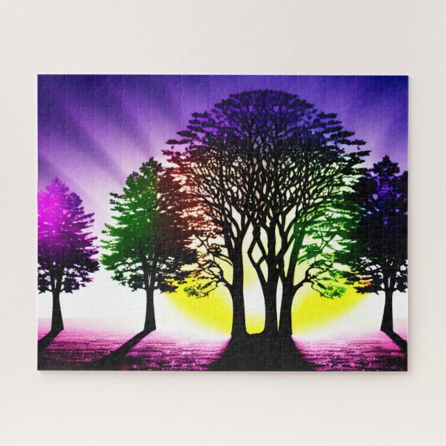 Yellow and Purple Sunset Behind Silhouetted Trees Jigsaw Puzzle (Horizontal)