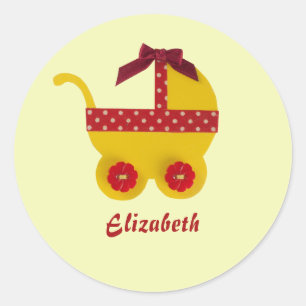 Yellow and red baby carriage for baby girl shower classic round sticker