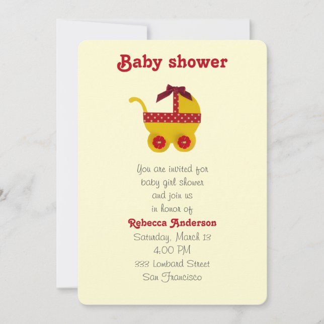 Yellow and red baby carriage for baby girl shower invitation (Front)