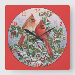 Yellow and Red Cardinals in a Tree Square Wall Clock