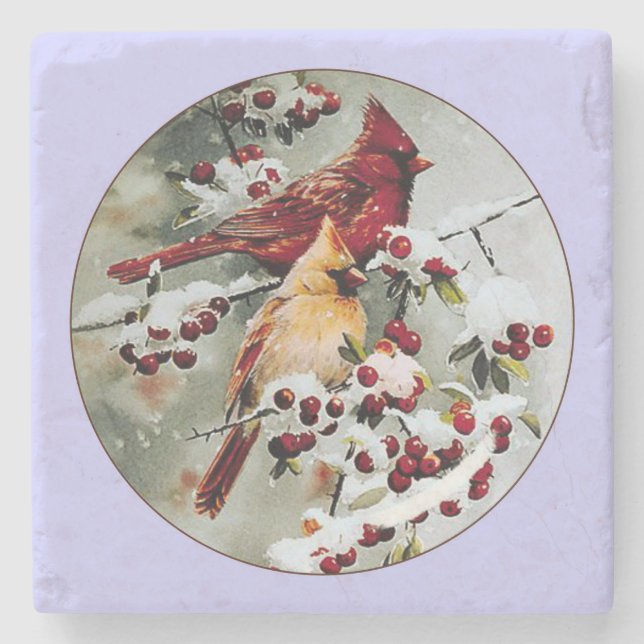 Yellow and Red Cardinals Stone Coaster (Front)
