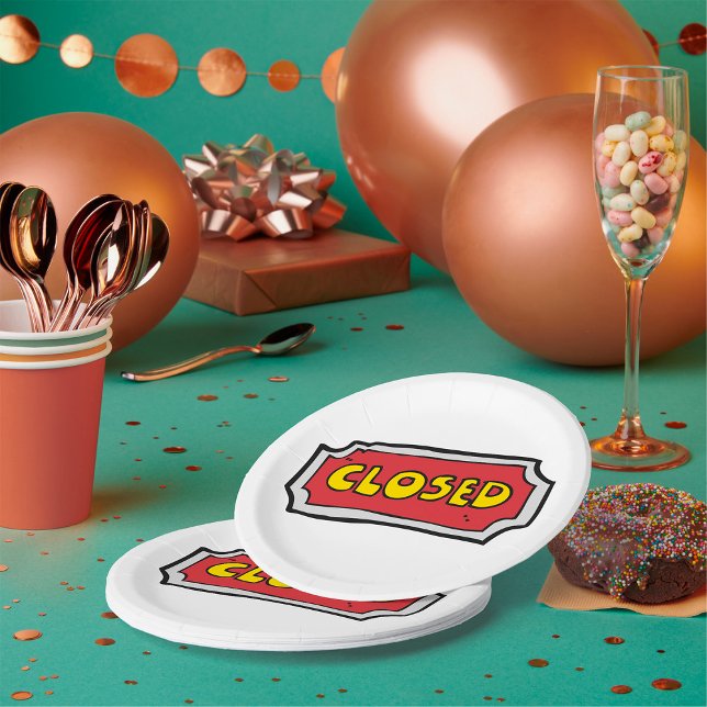Yellow And Red Closed Sign Paper Plate (Creator Uploaded)