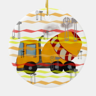 Yellow and red concrete mixer ceramic ornament