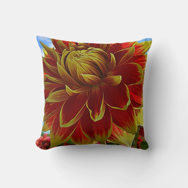 Yellow and Red Dahlia Cushion (Front)
