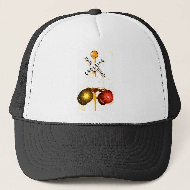 Yellow And Red Flashing Railroad Crossing Signals Trucker Hat (Front)