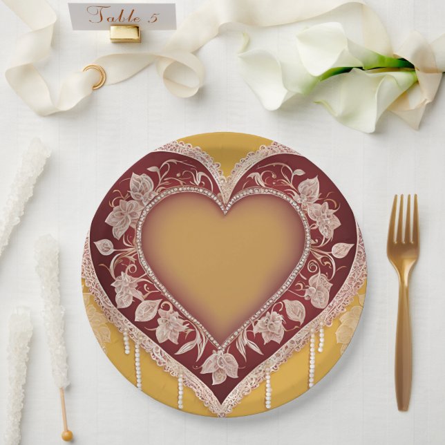 Yellow and red floral patterns AI art  Paper Plate (Wedding)