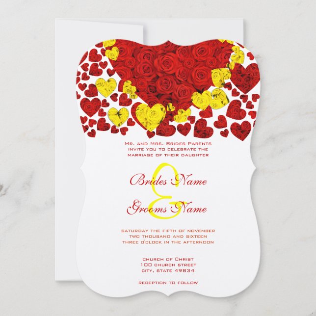 Yellow and Red Heart Roses Wedding Invitation (Front)