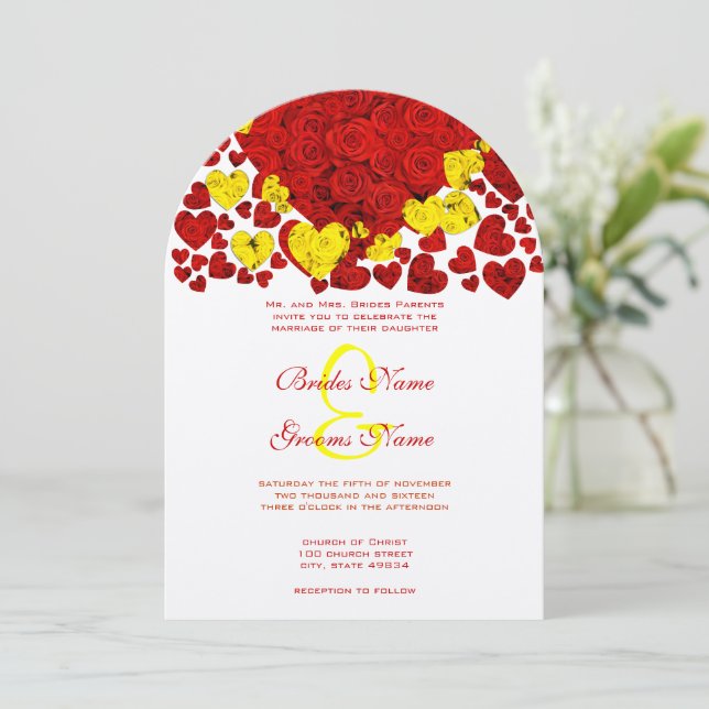 Yellow and Red Heart Roses Wedding Invitation (Standing Front)