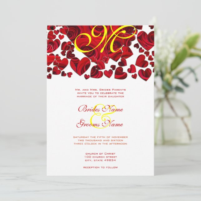 Yellow and Red Heart Roses Wedding Invitation (Standing Front)