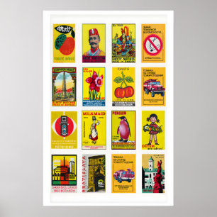 Yellow and Red Matchbox Label Collage, statement Poster