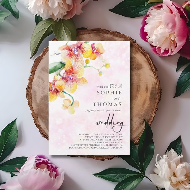 Yellow and red orchids elegant wedding invitation (Creator Uploaded)