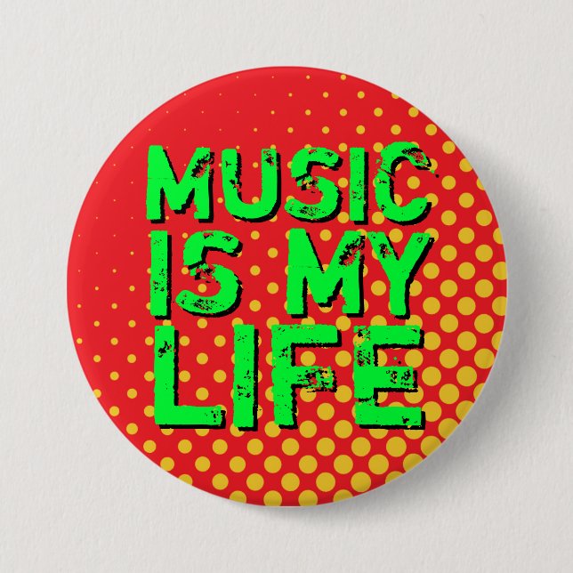 Yellow and Red Retro Halftone I Love Music Button (Front)