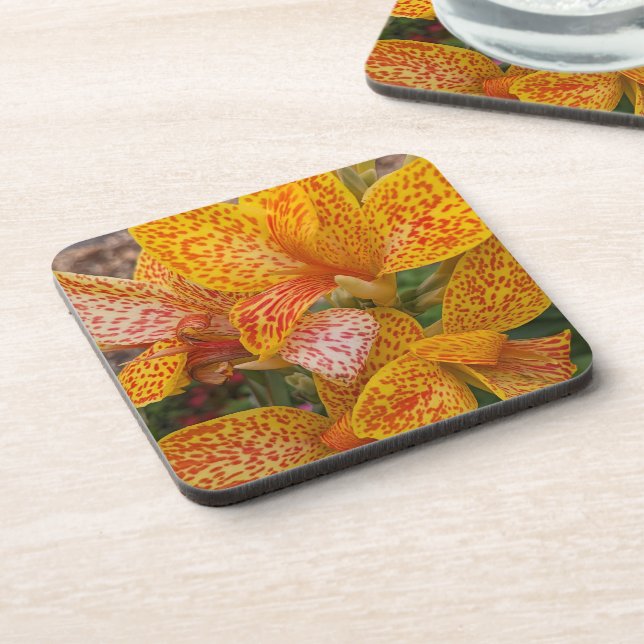 Yellow and Red Speckled Canna Lily Floral Coaster (Left Side)