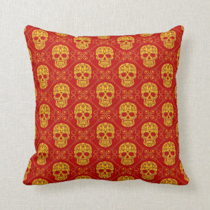 Yellow and Red Sugar Skull Pattern Cushion