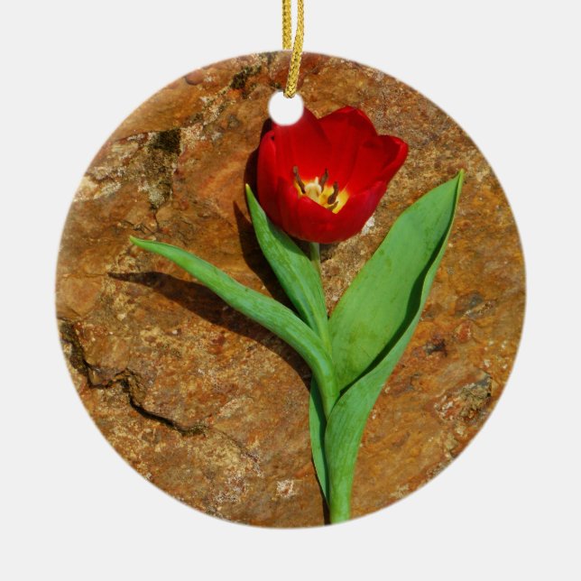 Yellow and Red Tulip Ceramic Tree Decoration (Front)