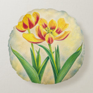 Yellow and Red Tulips Round Cushion