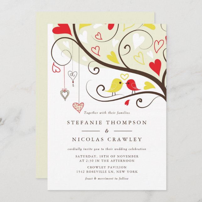 Yellow and Red Whimsical Lovebirds Wedding Invitation (Front/Back)