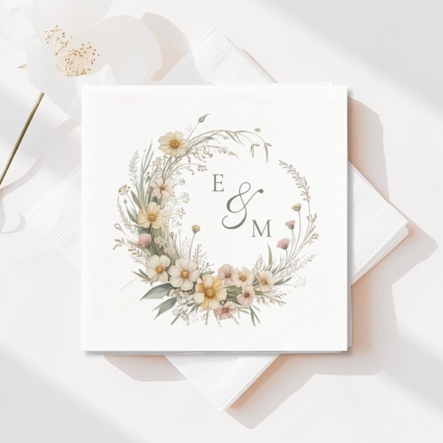Yellow and Sage Floral Wreath Wedding Napkin (Creator Uploaded)
