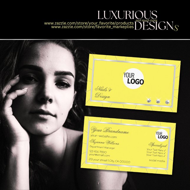 Yellow and Silver Frame Chic with Diamonds & Logo Business Card (Creator Uploaded)
