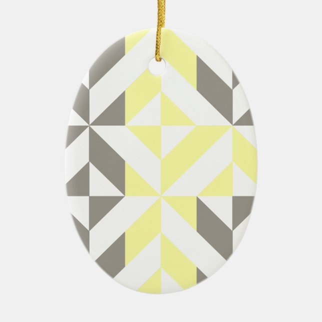 Yellow and Silver Geometric ZigZag Ceramic Ornament (Front)