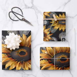 Yellow and Silver Sunflower with Green backdrop Wrapping Paper Sheet