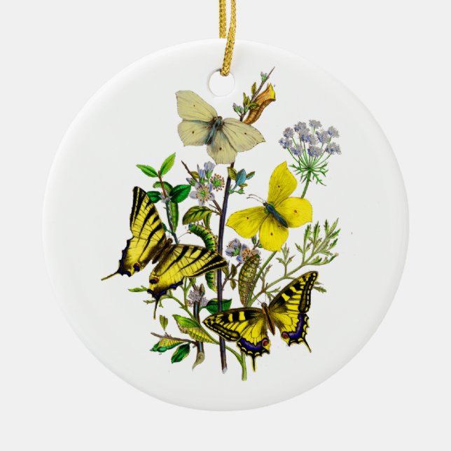 Yellow and Swallowtail Butterflies Ceramic Ornament (Front)