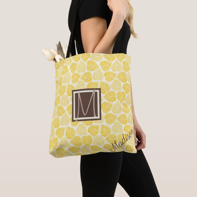 Yellow and Taupe Leaf Natural Trendy Monogram Tote Bag (Close Up)