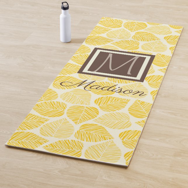 Yellow and Taupe Leaf Natural Trendy Monogram Yoga Mat (In Situ)