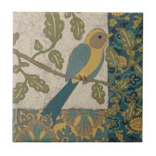 Yellow and Teal Blue Bird Perched on a  Branch Ceramic Tile