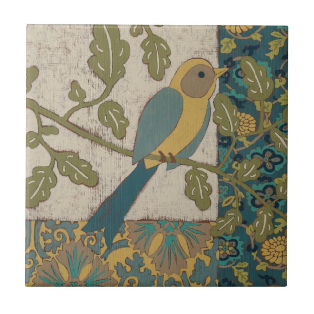 Yellow and Teal Blue Bird Perched on a  Branch Ceramic Tile (Front)
