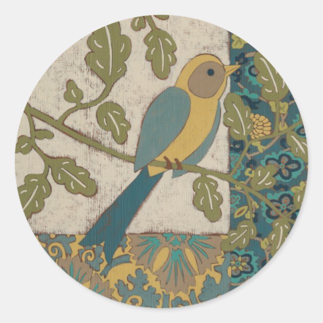 Yellow and Teal Blue Bird Perched on a  Branch Classic Round Sticker (Front)